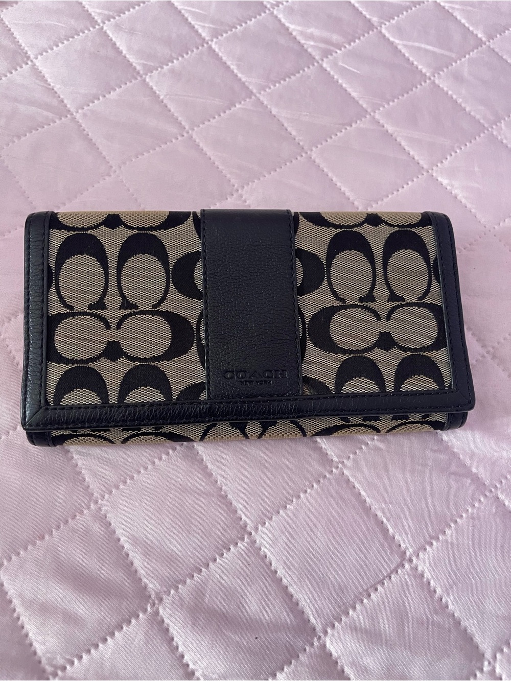 Coach Khaki and Black Signature Canvas Trifold Wallet